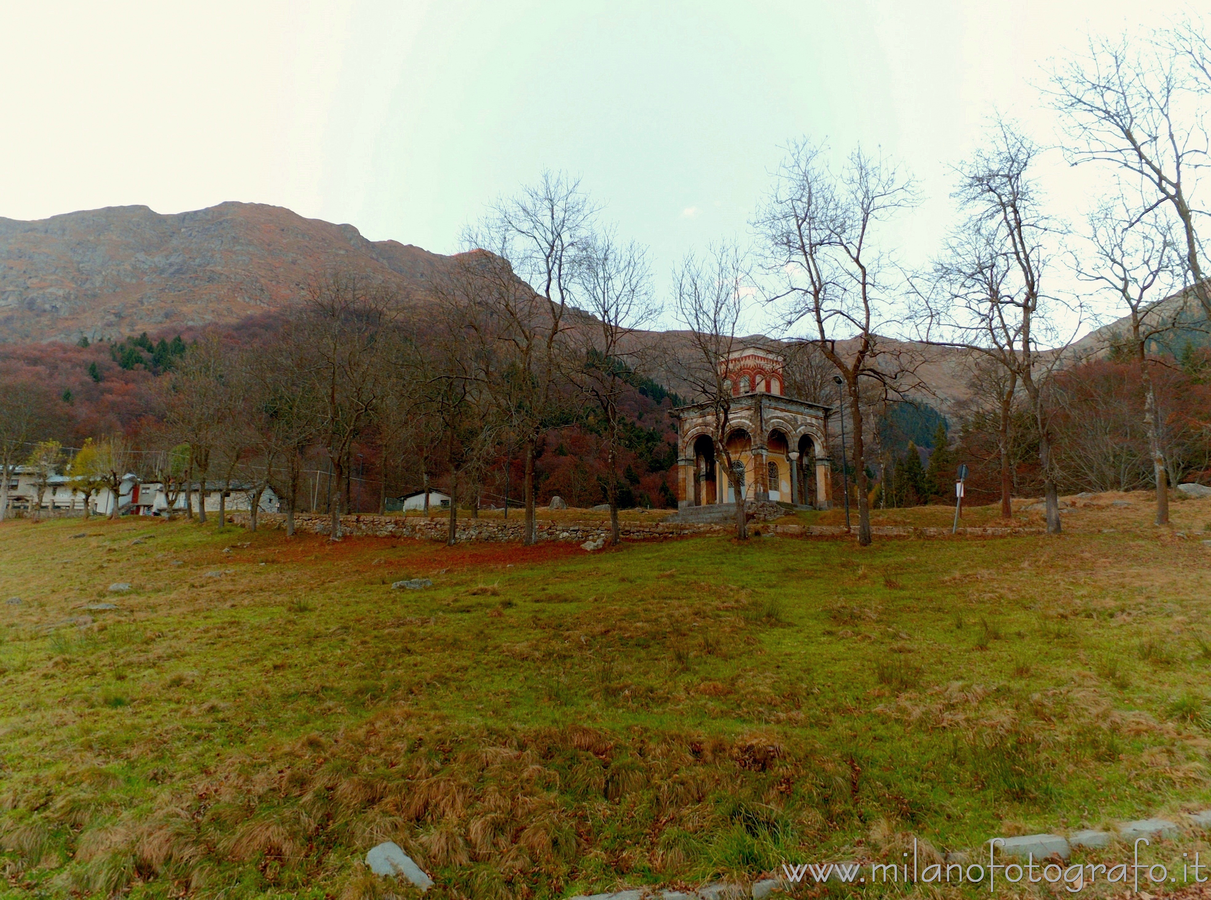 Biella (Italy) - Kiosk of Sant'Eusebio behind the Sanctuary of Oropa at sunset behind the Sanctuary of Oropa